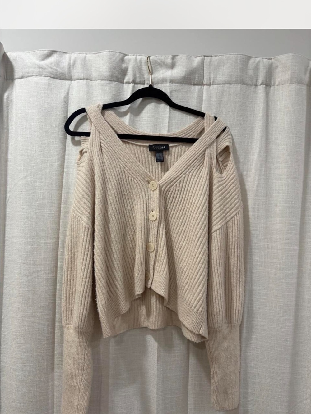Express Beige Cold-Shoulder Ribbed Button-Front Cardigan